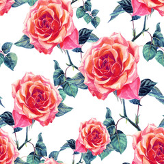 Seamless pattern of roses painted with watercolor.