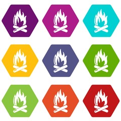 Campfire icons 9 set coloful isolated on white for web
