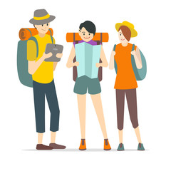 Obraz premium Cartoon Characters Young People Travel Set. Vector