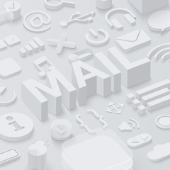 Grey 3d mail background with web symbols.