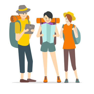 Cartoon Characters Young People Travel Set. Vector