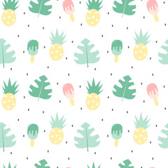 cute colorful summer seamless vector pattern background illustration with exotic leaves, pineapples and ice cream