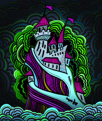 Fototapeta na wymiar cartoon high castle on the island in the night sea