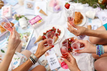 Hands with glasses cheers on summer day picnic