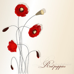 Red poppies. Background image. Design for a postcard, poster, message with space for text. Light background.