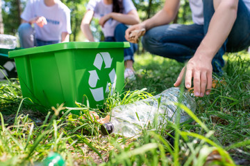 cropped view of volunteers with recycling box cleaning lawn together