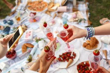 Hands with glasses cheers on summer day picnic