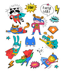 Superhero cute hand drawn animals, vector characters