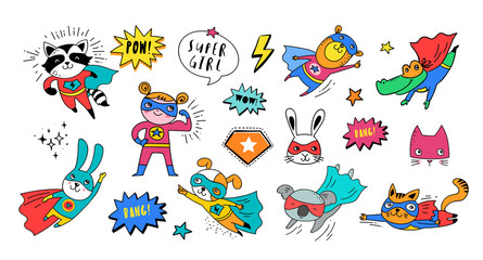 Superhero cute hand drawn animals, vector characters - obrazy, fototapety, plakaty