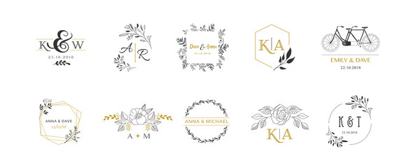 Wedding logos, hand drawn elegant monogram collection - obrazy, fototapety, plakaty