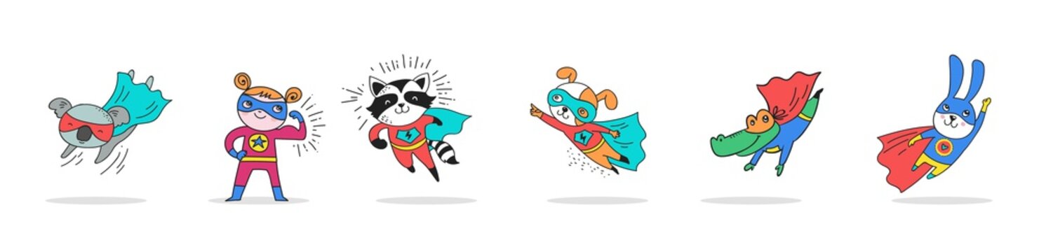 Superhero cute hand drawn animals, vector characters