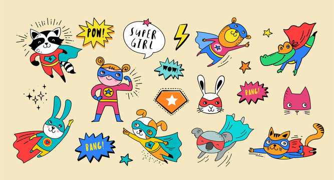 Superhero cute hand drawn animals, vector characters © Marina Zlochin