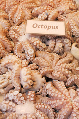 Fresh octopus for sale at a traditional fish market.