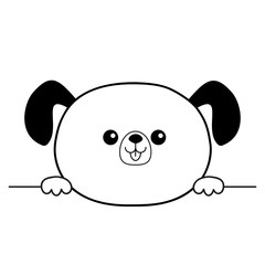 Dog happy face head silhouette icon. Hands paw holding. Contour line. Cute cartoon pooch character. Kawaii animal. Funny baby puppy. Love card. Flat design. White background Isolated.