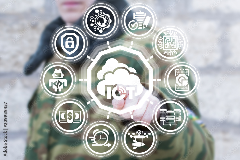 Poster soldier pushing a button iot with cloud on a virtual panel. internet of things cloud computing milit