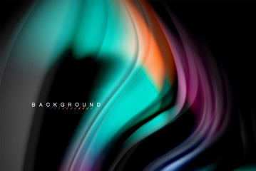 Fluid liquid colors design, colorful marble or plastic wavy texture background, glowing multicolored elements on black, for business or technology presentation or web brochure cover design, wallpaper