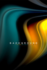 Fluid liquid colors design, colorful marble or plastic wavy texture background, glowing multicolored elements on black, for business or technology presentation or web brochure cover design, wallpaper