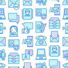 Communication seamless pattern with thin line icons: email, phone, chat, contacts, comment, inbox, translator, presentation, message, screen share, support. Vector illustration.