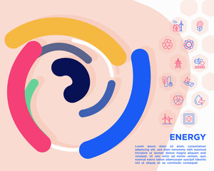 Energy conceptwith thin line icons: factory, oil platform, hydropower, wind energy, power socket, radioactivity, garbage, oil rig, recycling. Vector illustration, print media template.