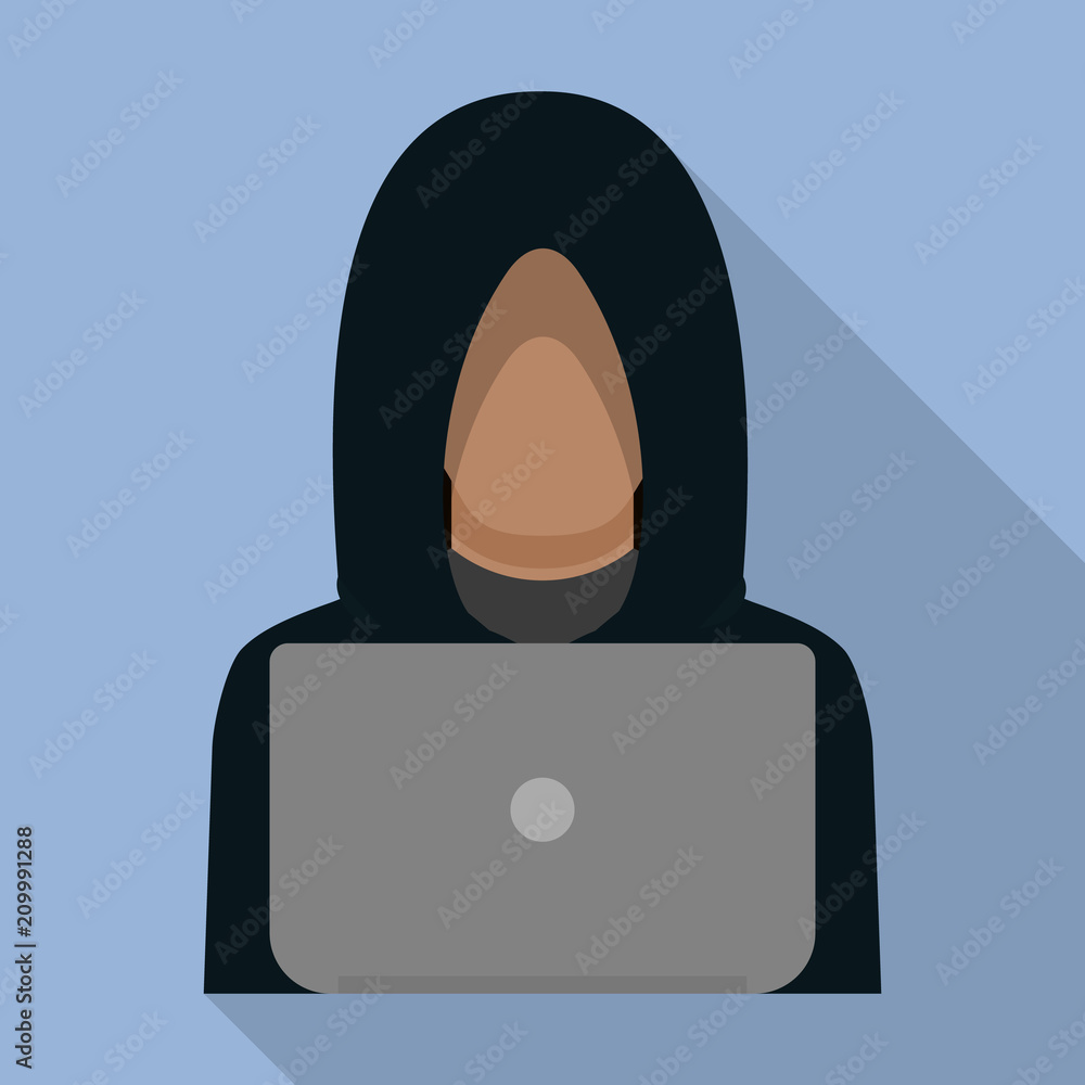 Poster hacker man on laptop icon. flat illustration of hacker man on laptop vector icon for web design