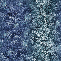 Watercolor floral seamless background, texture of leaves, grasses, plants. Juniper with berries, moss,wild grass, blue plants. Natural wood pattern.Beautiful pattern for your design.Manual graphics. 