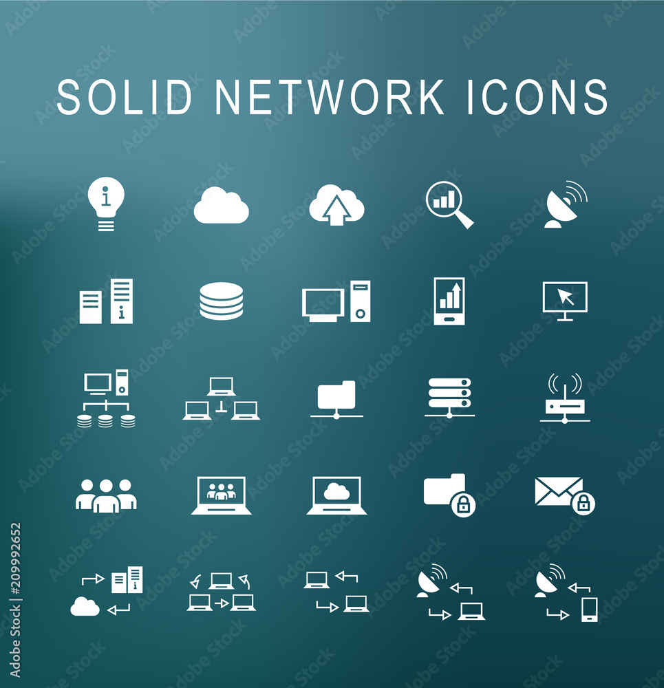 Poster set of 25 universal solid network icons on dark background . isolated elements