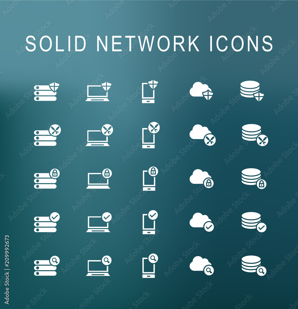 Poster set of 25 universal solid network icons on dark background . isolated elements
