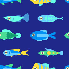 Cute fish on a blue background. Seamless pattern. Vector illustration.