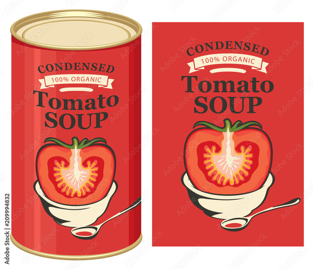 Poster vector illustration of label for condensed tomato soup with the image of a cut tomato on red backgro