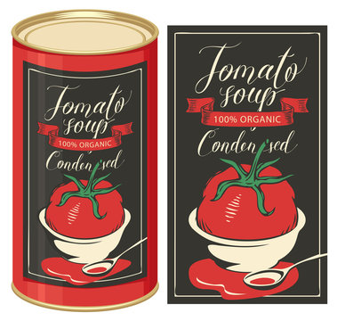 Vector illustration of label for condensed tomato soup with handwritten inscriptions and tin can with this label