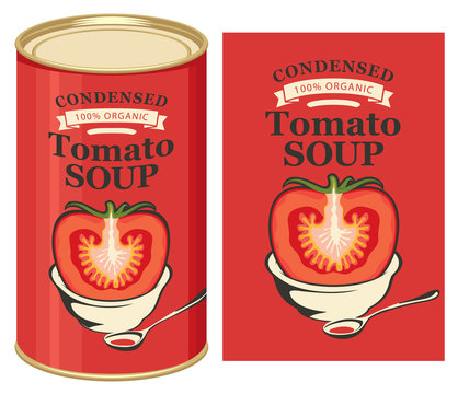 Vector illustration of label for condensed tomato soup with the image of a cut tomato on red background and tin can with this label