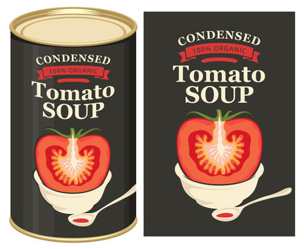 Vector illustration of label for condensed tomato soup with the image of a cut tomato on black background and tin can with this label
