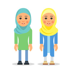 Muslim woman or Arab woman. Cartoon character stand in the traditional clothing. Isolated characters of representatives of Islam on a white background in a flat style