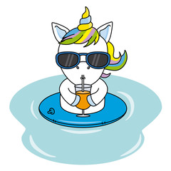 cool unicorn with sunglasses and drinking a juice on the beach