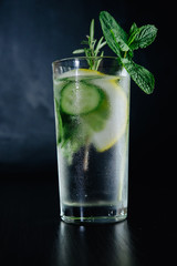 Fresh Summer Drink. Healthy glass detox fizzy water with lemon, mint, rosemary and cucumber in mason jar over dark background. Healthy food concept. Detox diet.