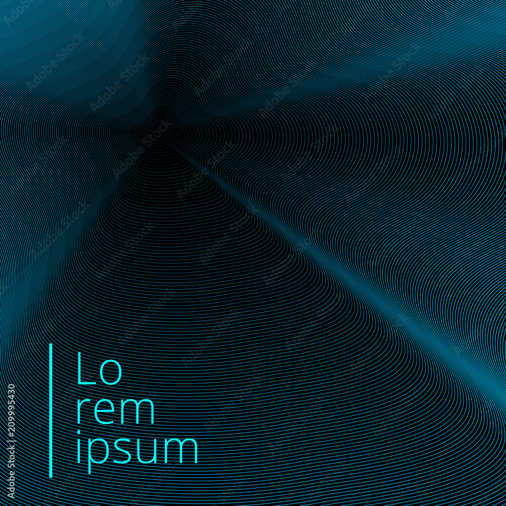 Poster abstract blue lines twisted pattern on black background with copy space.