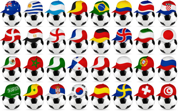 huge collection of retro black white leather soccer ball with national flag baseball fan cap isolated on white background