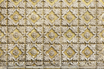Traditional Portuguese azulejo tiles on the building in Porto, Portugal.