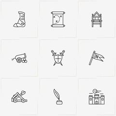 Middle Ages line icon set with catapult, middle age flag  and throne