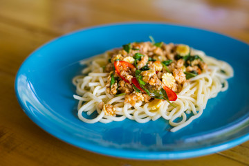 Thai style minced meat spaghetti