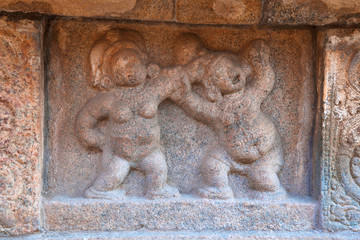 Panel depicting dispute between husband and wife, base of mandapa, Airavatesvara Temple complex, Darasuram, Tamil Nadu