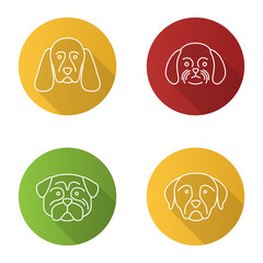 Dogs breeds flat linear long shadow icons set