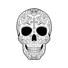 Black and white Day of The Dead Sugar Skull with detailed floral ornament. Mexican symbol calavera. Hand drawn line vector illustration. Sketch with cross, pattern, flowers and leaves.