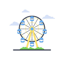 Colorful ferris wheel from amusement park with green bush and blue clouds on white background. Family fun and entertainment theme. Attraction symbol. Flat vector desigh