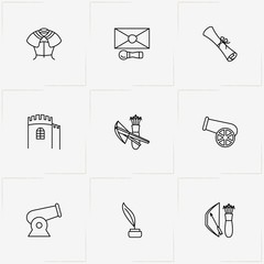 Middle Ages line icon set with cannon , bow and arrows and armor
