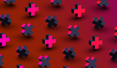 Red background with pink 3d crosses pattern. - obrazy, fototapety, plakaty