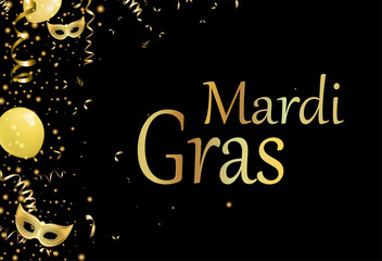 Black mardi gras background with gold masks. © svetlaborovko
