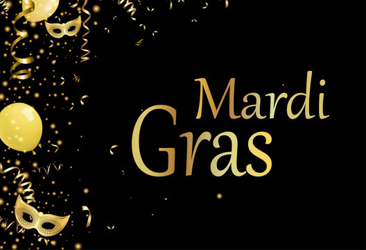 Black mardi gras background with gold masks.