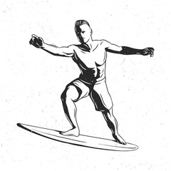 Isolated hand drawn illustration of man riding on surfing board