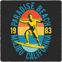 T-shirt or poster design with hand drawn illustration of man riding on surfing board